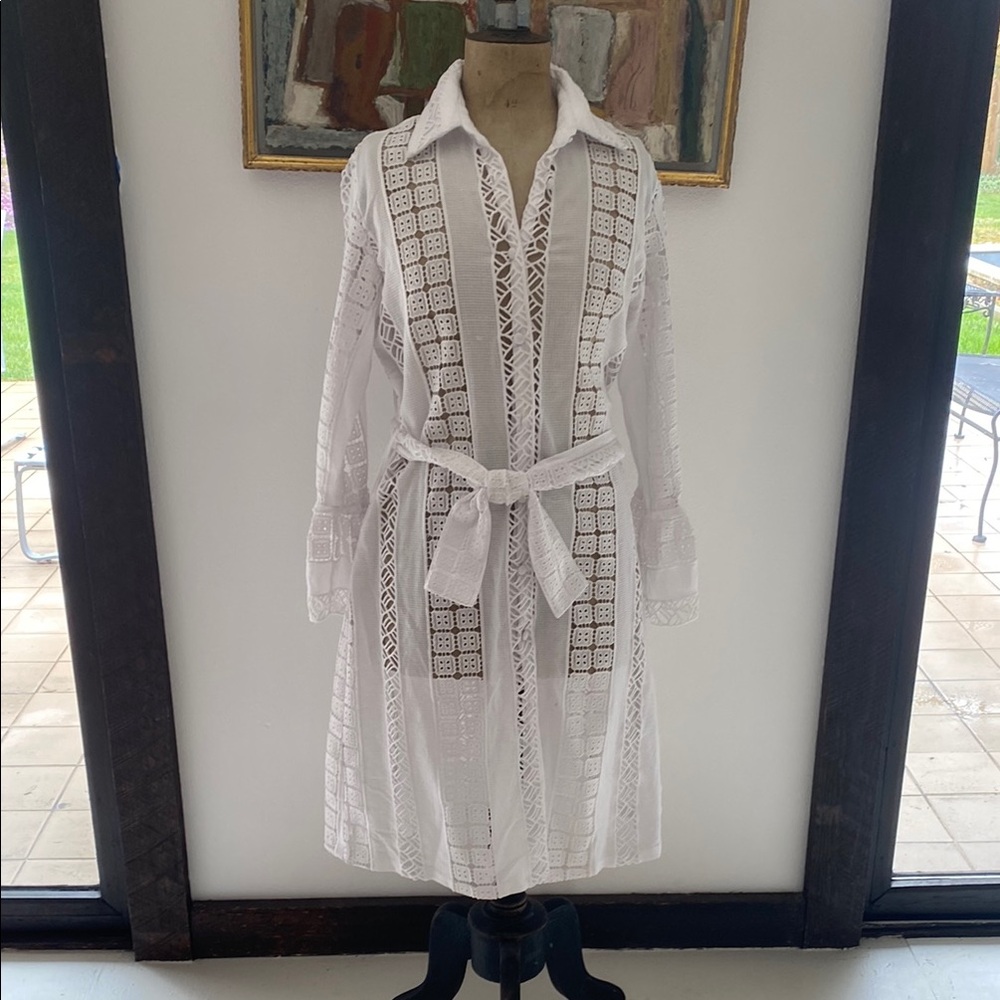 Custom Made White Lace Button-Up Dress with Belt